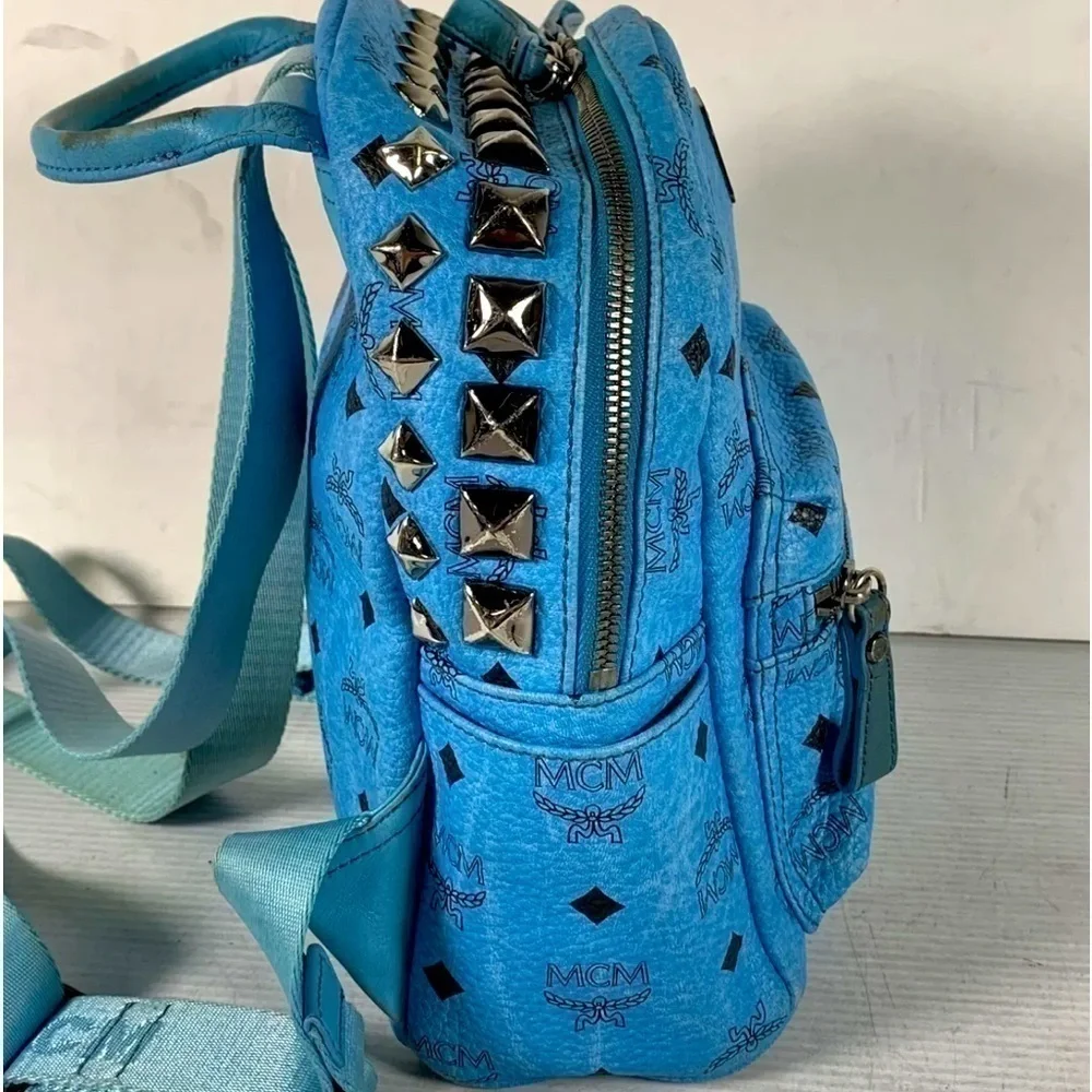 MCM Womens Backpack Blue leather  Visetos Logo Studded  w/COA